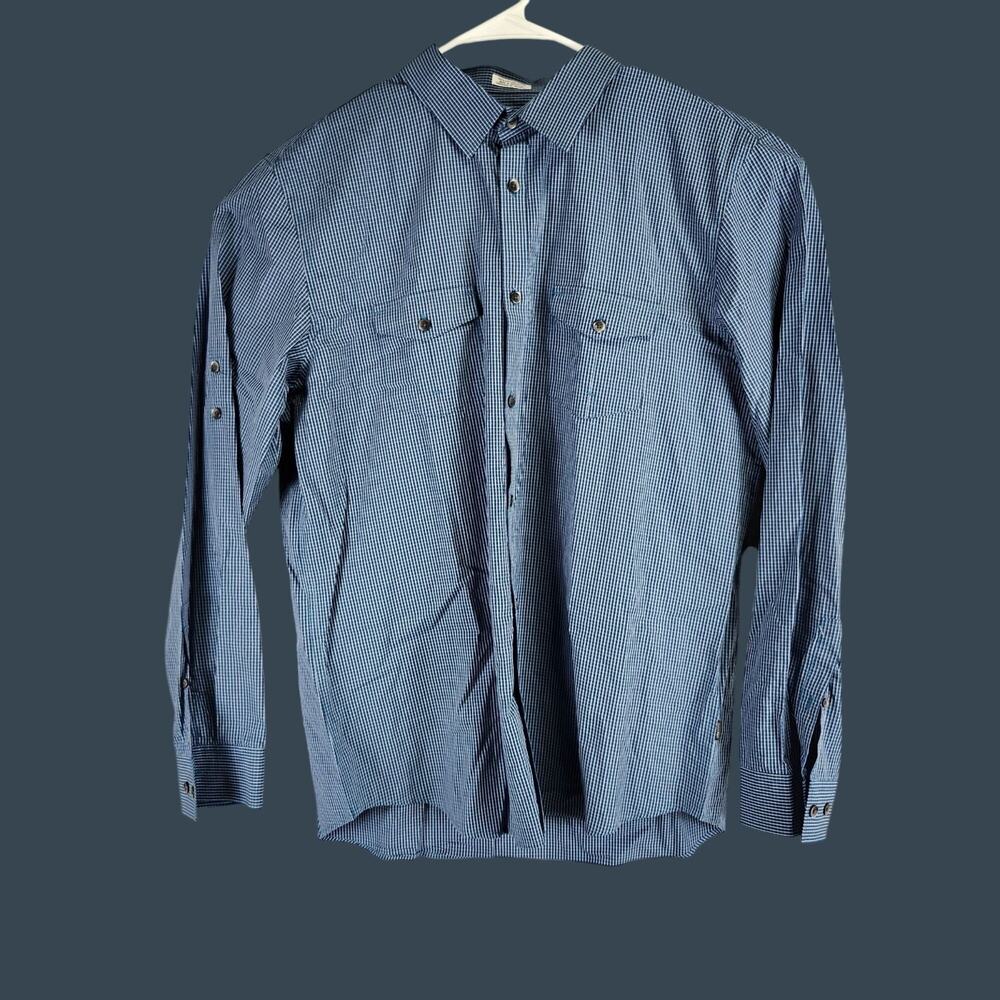Calvin Klein Men's Blue Checkered Long Sleeve Shirt Size L Cotton